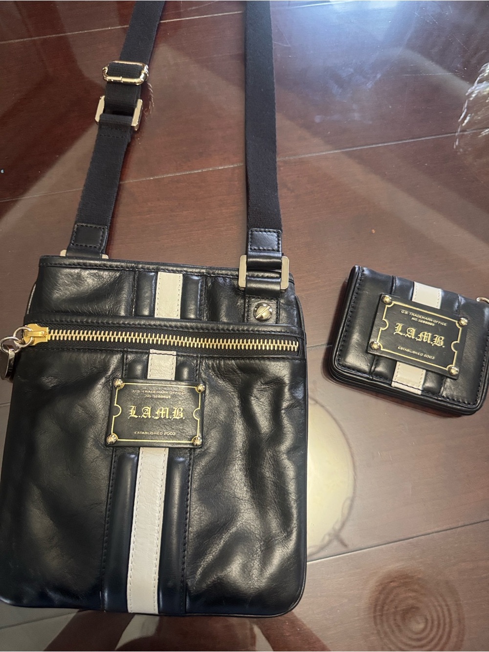L.A.M.B. Black and White Vertical-Strip Crossbody with Matching wallet